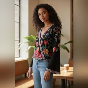 Flying Tomato Black Flare Top with Colorful Embroidery